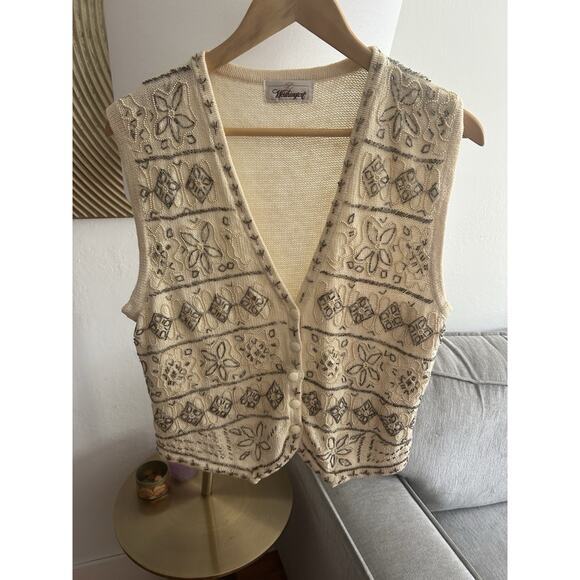 Unbranded Jackets & Blazers - Vtg Cream Sweater Vest Beads Embroidered Flowers Grandma M/L